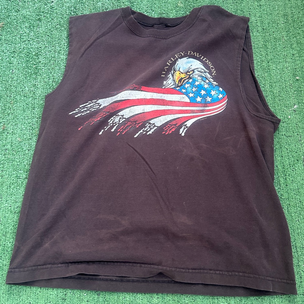 Harley-Davidson Brown Sleeveless Tee with Eagle and Flag